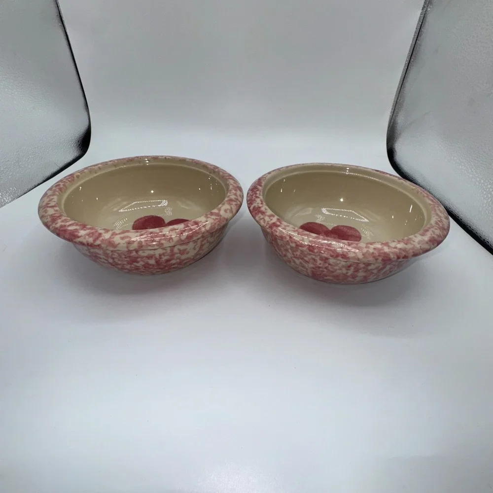 FP Friendship Pottery Roseville USA Plates Bowls Mugs Pink Spongeware Heart‎ 8PC